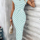 Elegant And Elegant Waist Lace Up Striped Round Neck Short Sleeve Long Dress Summer Party Bodycon Women's Dresses