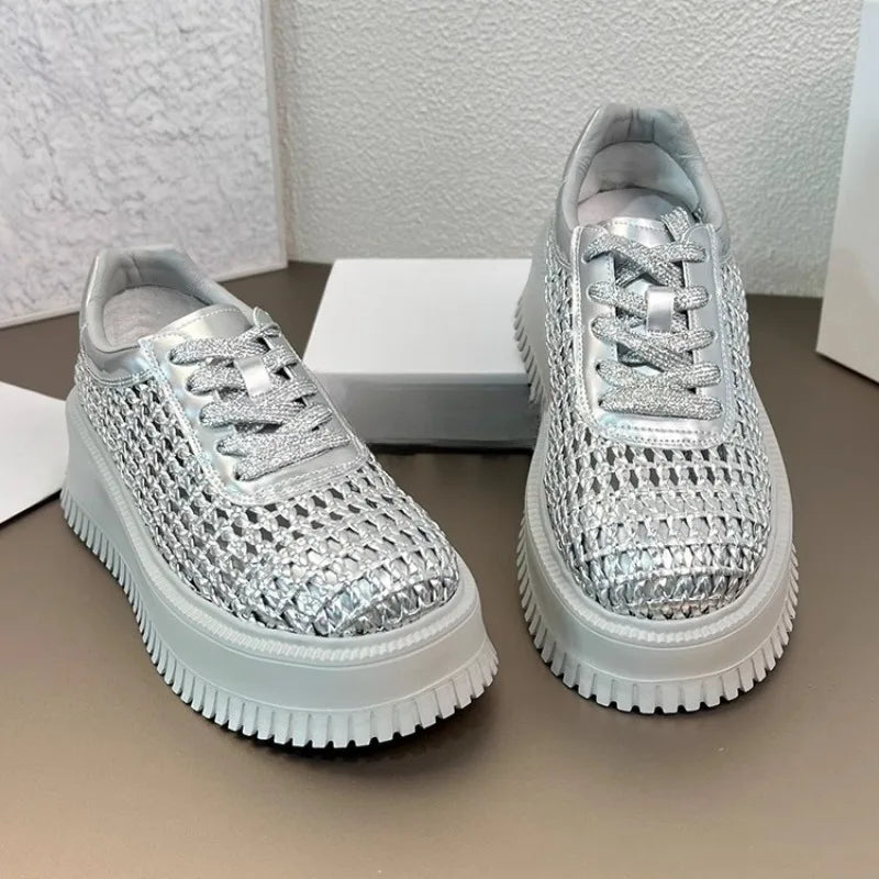 Summer Cutout Mesh Woven Casual Sneakers Round Toe Breathable Mesh Lightweight Front Lace-Up Booster Platform Shoes
