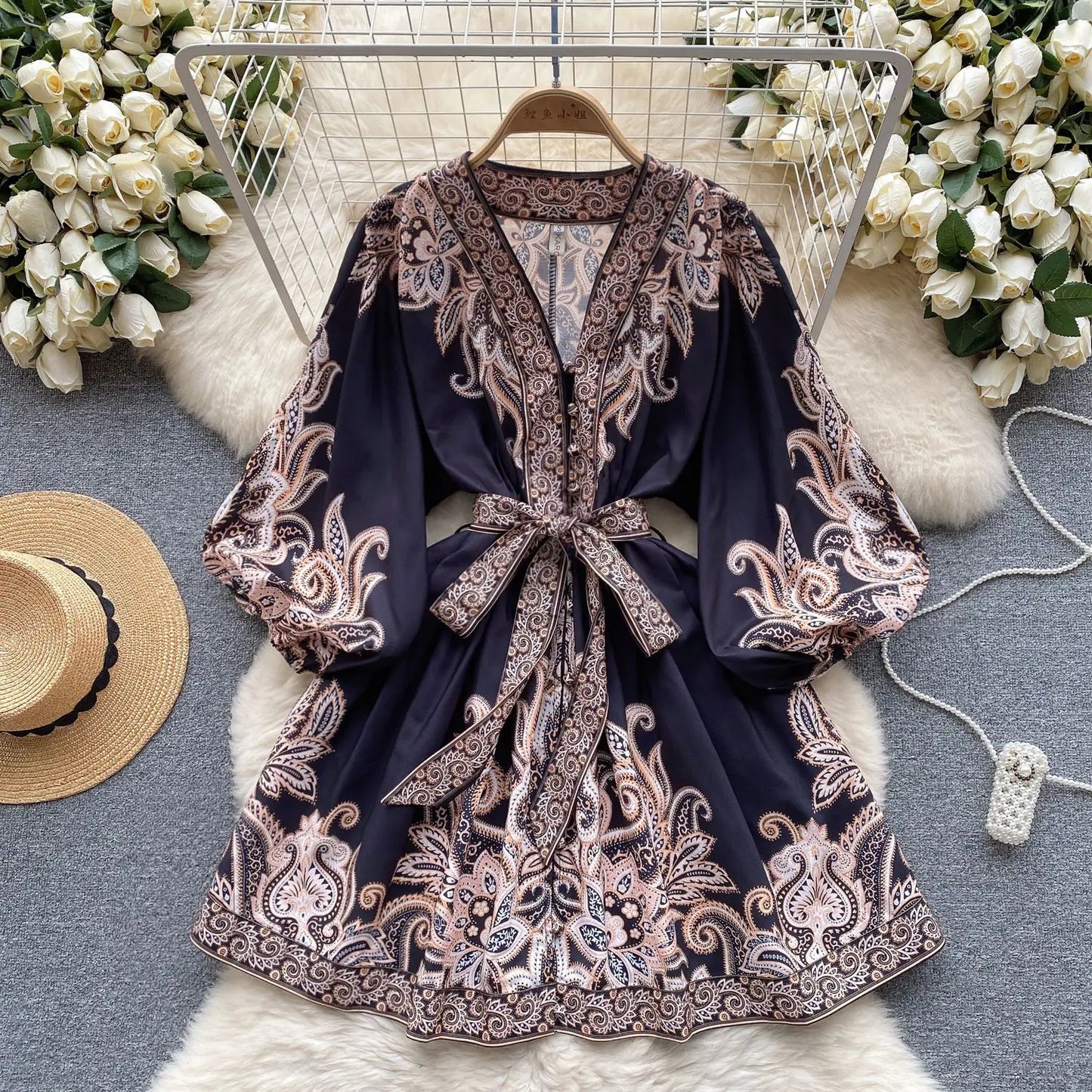 Vintage Print Elegant Puff Sleeve A-line Vneck Mini Dress Casual Women Fashion Autumn Spring Lace-Up Dress Vestidos De Mujer