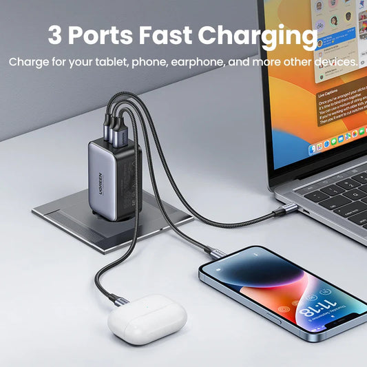UGREEN 65W GaN зарядний пристрій Quick Charge 4.0 3.0 USB C зарядний пристрій для iPhone 16 15 14 Pro Max ноутбука Macbook Air планшета PD швидка зарядка