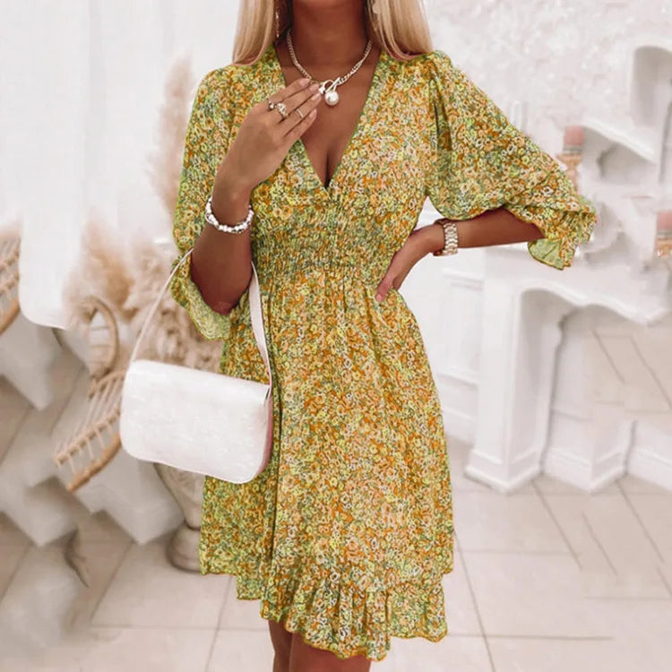 New Boho Print Floral Women Dress Summer Fashion V Neck Short Sleeve Office Elegnat Casual Dresses Female Sweet Beach Dress Robe