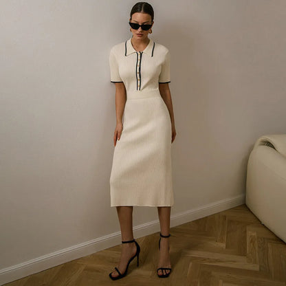 Women's White Knit Maxi Dress, Short Sleeve, Patchwork, Elegant Party Dress, Knitwear Lapel, High Street, Fashion