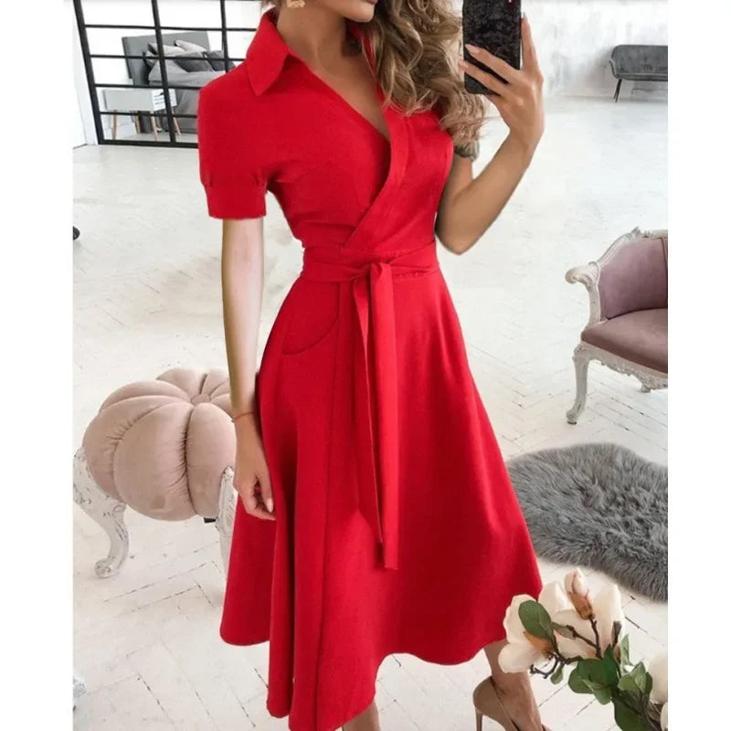 Women Fashion Solid Slim Pocket Lace Up Dress 2023 Spring Autumn Dress Women Casual Printed Short Sleeve V-neck High Waist Dress