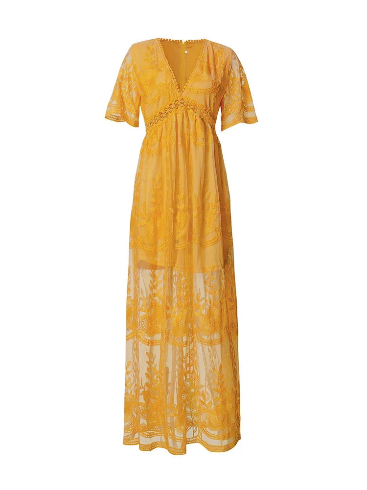 Jastie 2025 Summer Boho Women Maxi Dress Loose Embroidery White Lace long Tunic Beach Dress Vacation Holiday Women Clothing