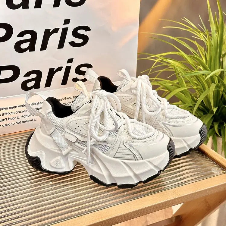 Women High Platform 6CM Casual Sneakers 2024 New Spring Lace-up Chunky Sneakers Korean All-match Designer Street Shoes Woman