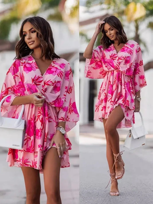 Elegant Summer Ruffl Mini Dress Office Dress for Women's Casual Bat Sleeve Flowers Print Bohemian Beach Vacation Sundress Women