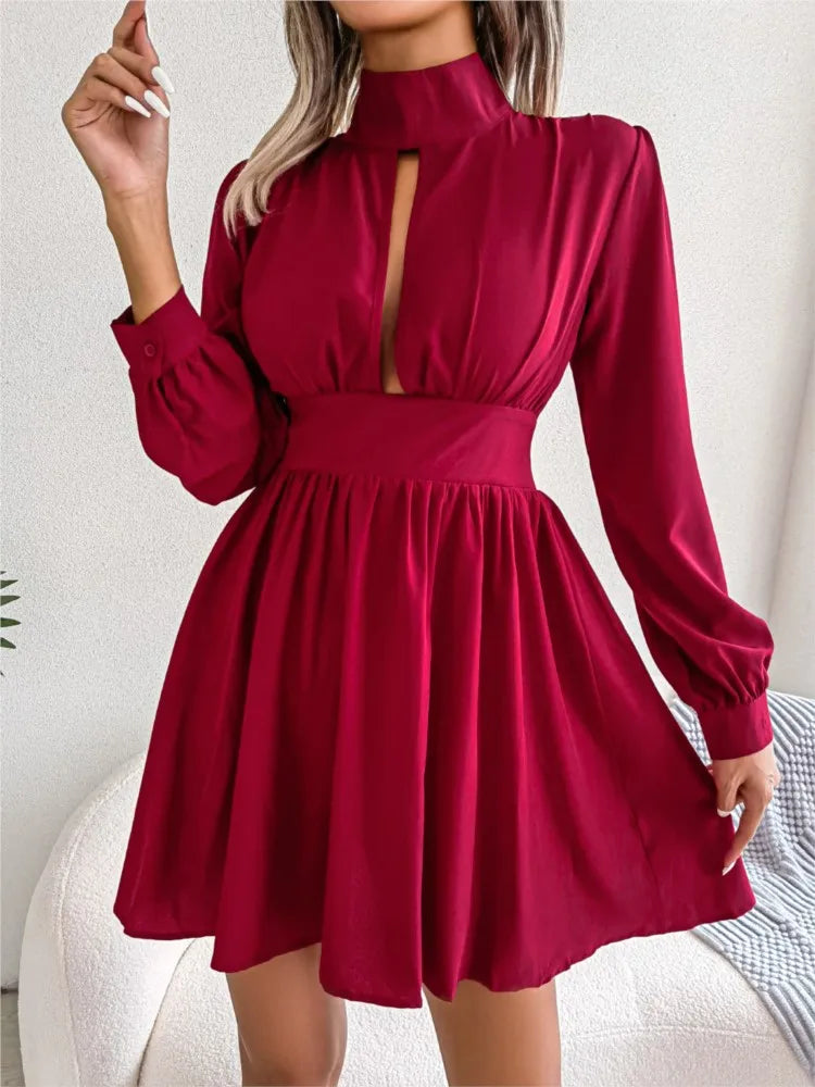 Spring And Autumn Style Long Sleeved Dress Short Skirt Sexy Chest Hollow Half Collar Waist Cinching Big Swing Pullover Red Dress