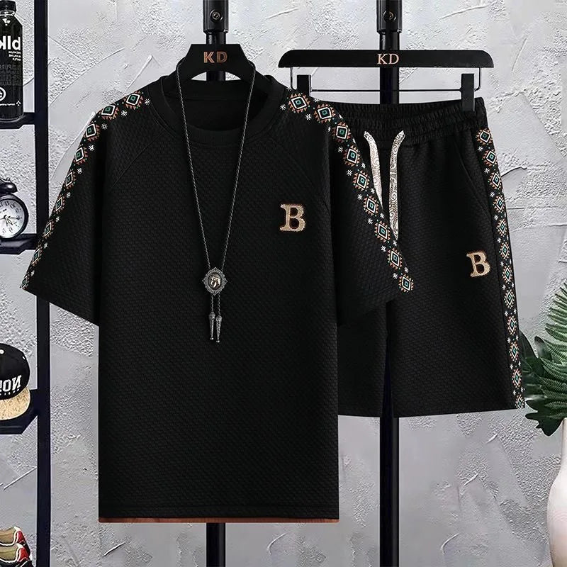 Summer New Fashion Trend Short Sleeve Shorts Ice Silk Suit Men Loose Sports Breathable Large Size High Quality Two-Piece Set