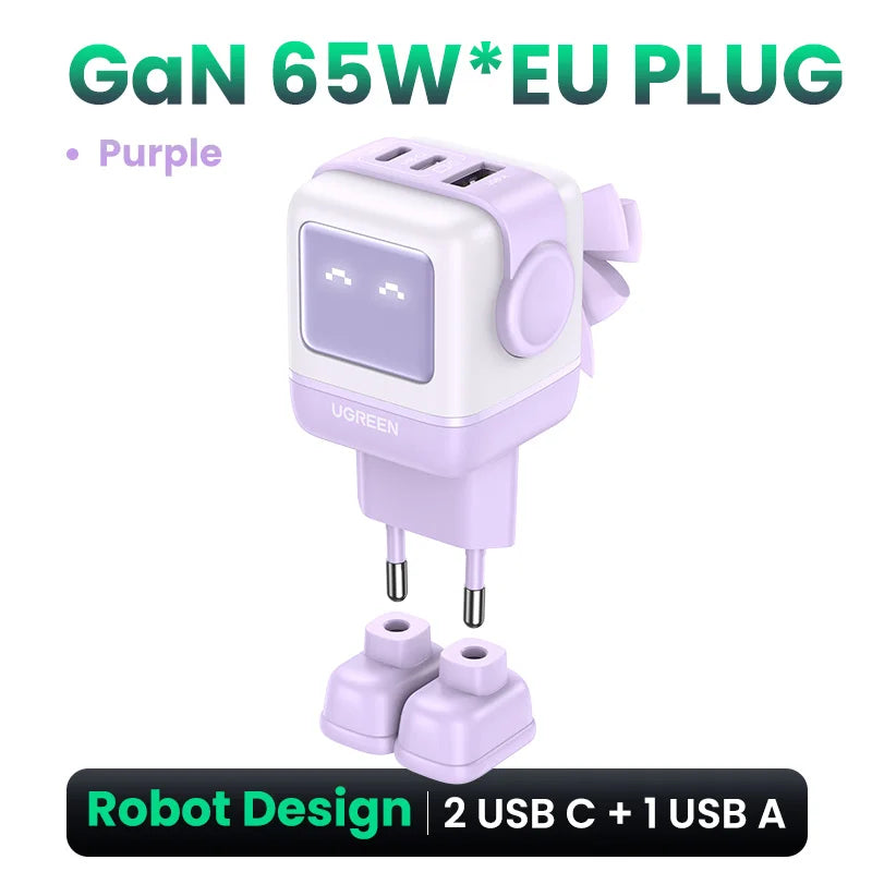 UGREEN 65W GaN зарядний пристрій Uno Robot Design швидка зарядка 4.0 3.0 PPS PD швидкий зарядний пристрій для iPhone 16 15 14 Pro Macbook ноутбук планшет