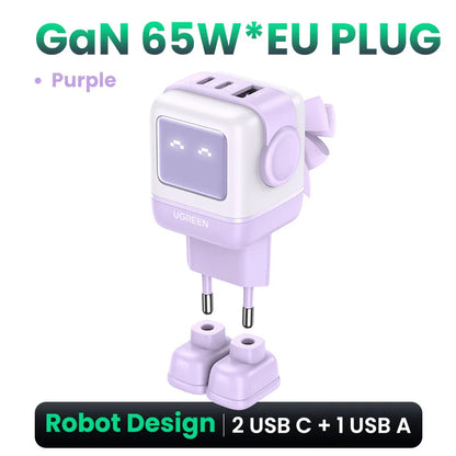 UGREEN 65W GaN зарядний пристрій Uno Robot Design швидка зарядка 4.0 3.0 PPS PD швидкий зарядний пристрій для iPhone 16 15 14 Pro Macbook ноутбук планшет