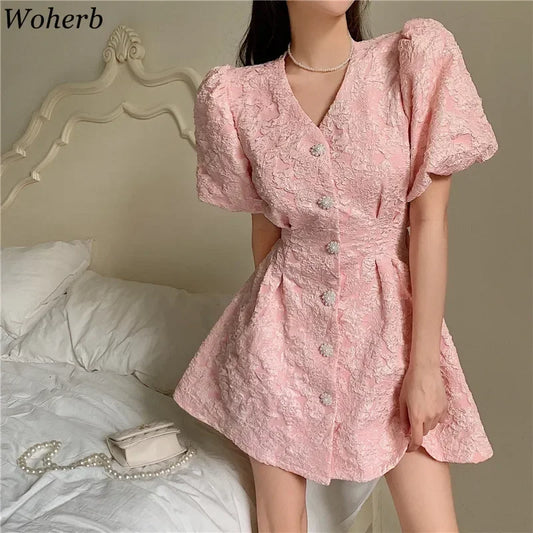 Woherb Chic Women Floral Dress Short Sleeve Single-breasted Korean Fashion Summer 2025 New A-Line Elegant Dresses Vestidos