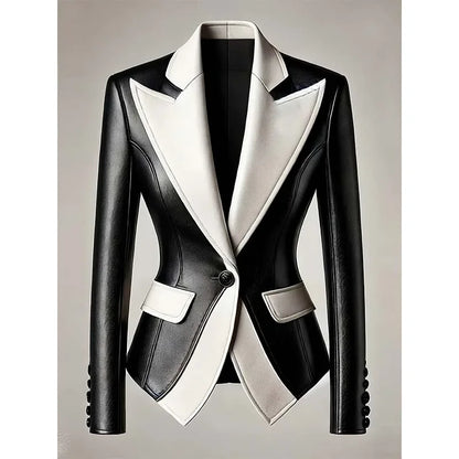 Fashion Women Faux Leather PU Blazer Jacket Turn Down Collar Slim High Waist Office Lady Patchwork Luxury Female Tailored Coat