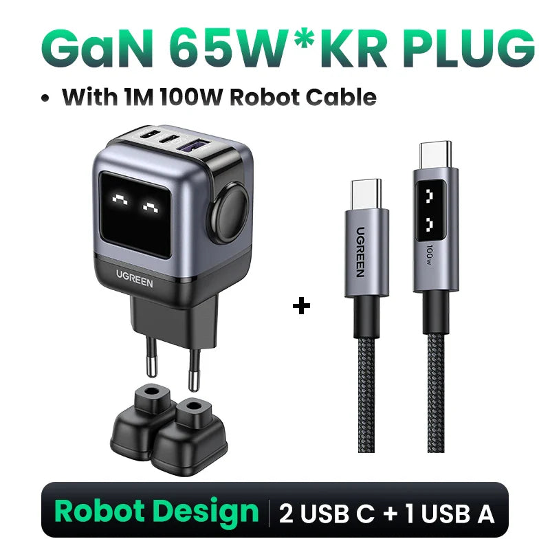 UGREEN 65W GaN зарядний пристрій Uno Robot Design швидка зарядка 4.0 3.0 PPS PD швидкий зарядний пристрій для iPhone 16 15 14 Pro Macbook ноутбук планшет