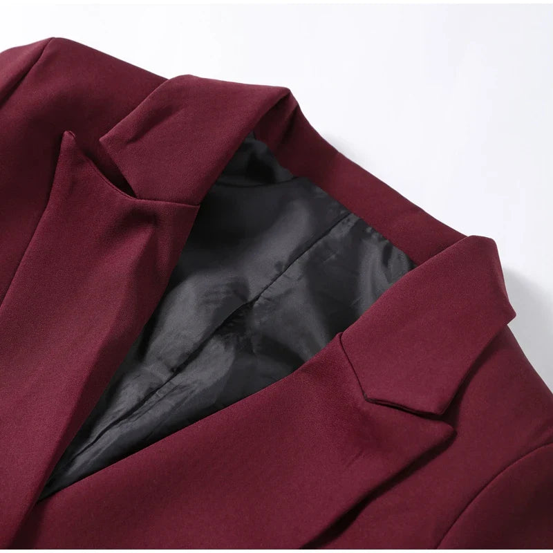 Vintage Women's Burgundy Blazers Elegant Lapel Double Breasted Pocket Full Sleeve Suit Jacket 2024 Autumn Lady Office Outwear