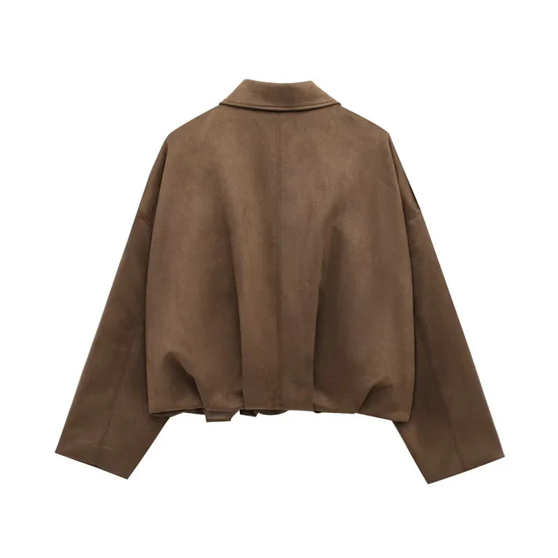 Fashion Brown Suede Bomber Jacket Women Elegant Zipper Lapel Long Sleeve Short Coats Female Vintage Street Chic Lady Outerwear