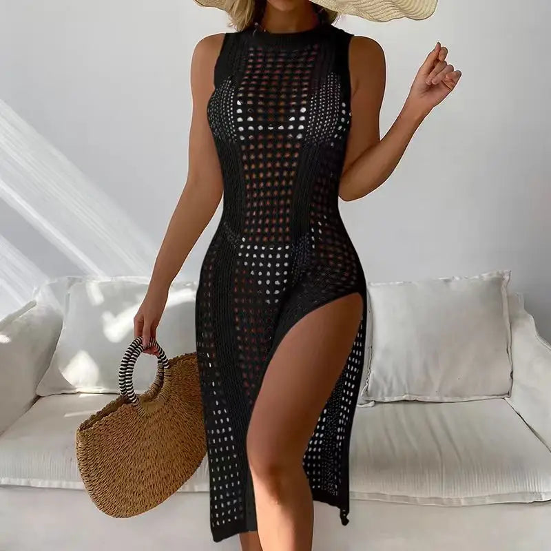 Abrini Women Hollow Out Crochet Cover Up Swimwear Sleeveless Bikini Dress Smock Split Sexy Beach Knitwear Solid Swimsuit