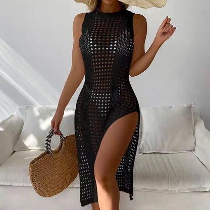 Abrini Women Hollow Out Crochet Cover Up Swimwear Sleeveless Bikini Dress Smock Split Sexy Beach Knitwear Solid Swimsuit