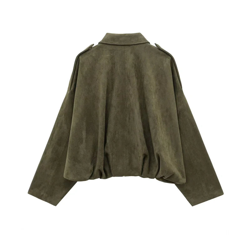 Fashion Brown Suede Bomber Jacket Women Elegant Zipper Lapel Long Sleeve Short Coats Female Vintage Street Chic Lady Outerwear