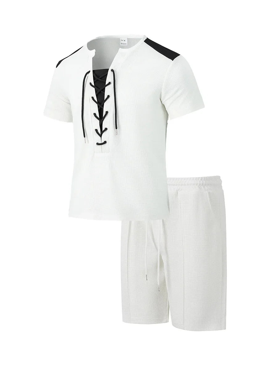 2025 summer men's new leisure fashion city wear rope round neck T trend Waffle short-sleeved shorts two-piece suit