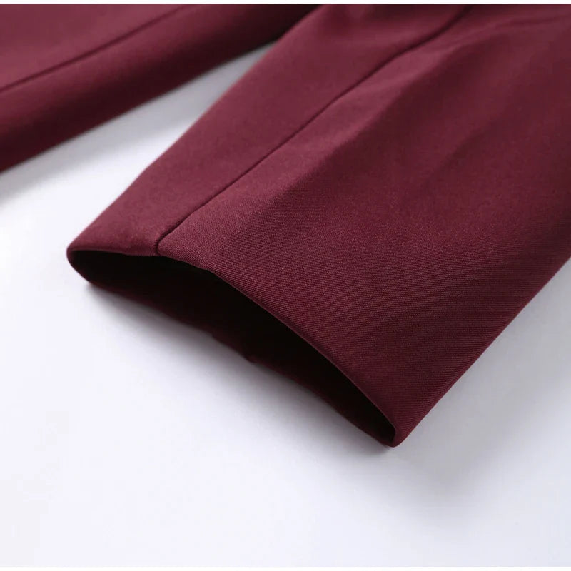 Vintage Women's Burgundy Blazers Elegant Lapel Double Breasted Pocket Full Sleeve Suit Jacket 2024 Autumn Lady Office Outwear