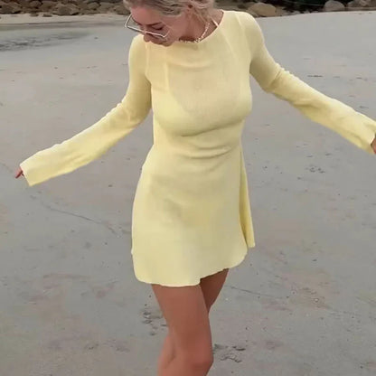 Beach Style Backless Sexy Dress Women Elegant Long Sleeve Slim Fit Short Dress Boho Holiday Summer Streetwear Y2K Outfits