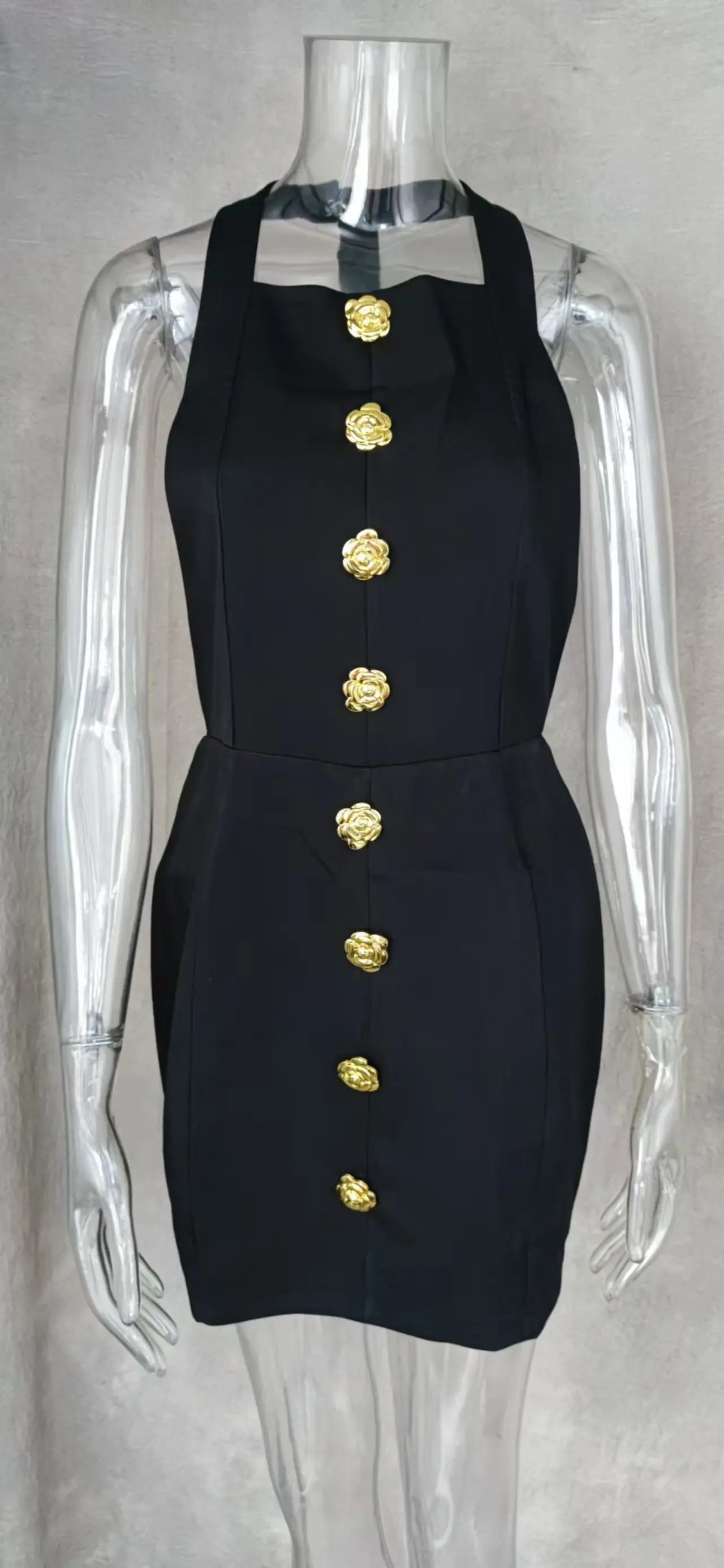 Halter Backless Mini Dress Women Summer New Fashion Elegant Sleeveless Gold Button Solid Color Dresses Lady Chic Party Vestidos