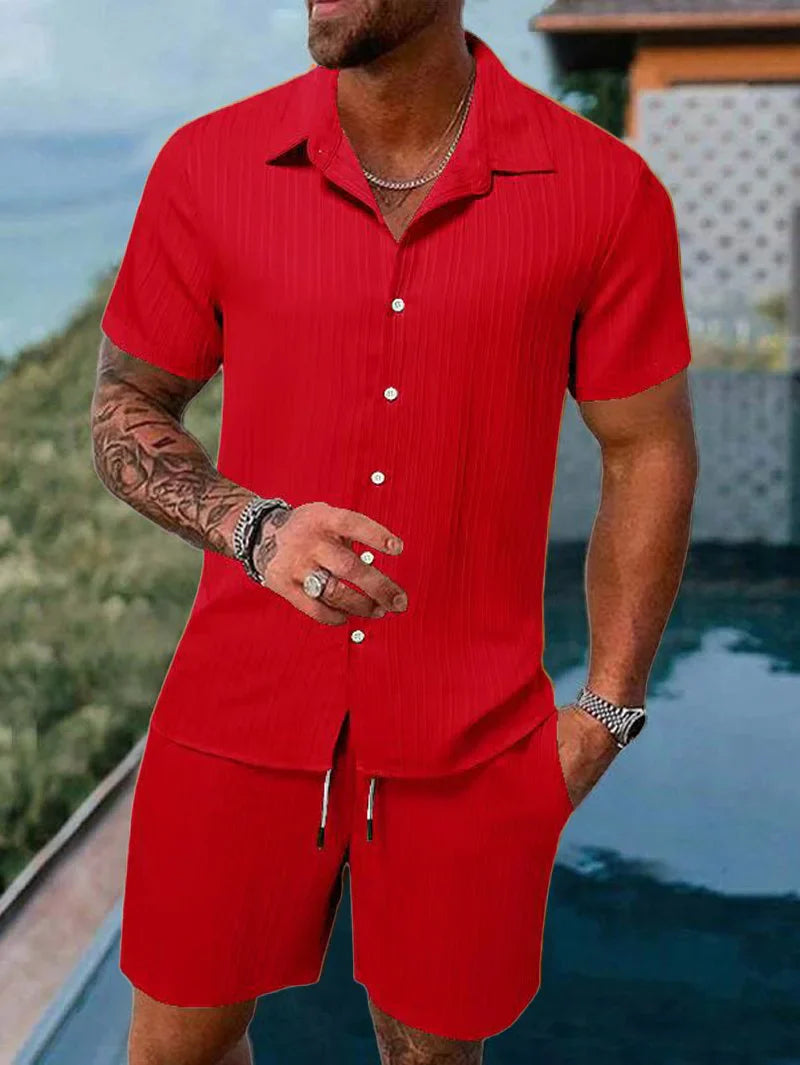 Spring and summer Europe and the United States new men's striped jacquard beach suit loose shorts shirt