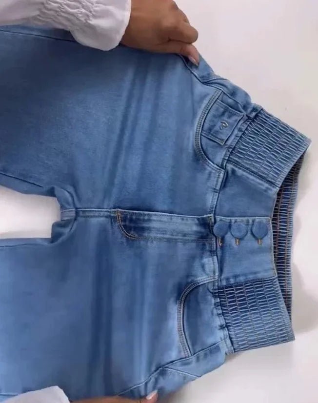 Streetwear Women's New Jeans Back Shirred Button Front High Waist Jeans Temperament Commuting Casual Comfortable Jeans