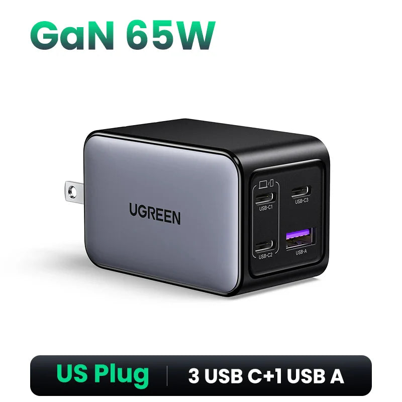 UGREEN 65W GaN зарядний пристрій 4 порти USB C швидка зарядка Quick Charge 3.0 PD 3.0 для Macbook Air, ноутбуків, планшетів, iPhone 16 15 14 Pro Max
