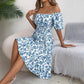 Summer Women's Beach Dress Floral 3D Print Square Neck Short-Sleeved Ladies Waist Ruffled A-Line Dress For Women Holiday Dresses