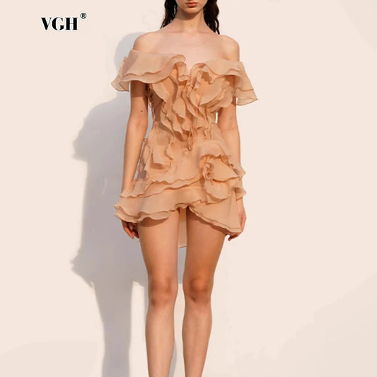 VGH Sexy Short Dress For Women Slash Neck Off The Shoulder Sleeve Backless High Waist Spliced Ruffles Dresses Female Fashion New