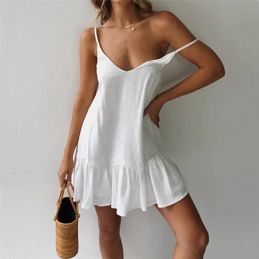 Dress Women Sexy Spaghetti Strap Ruffle Summer Dress 2025 Cotton Linen Vestidos Green Dresses Off Shoulder Sexy Mini Sundress