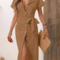 Women's Casual V Neck Short Sleeved Single-breasted Lace-up MIDI Dress Summer Solid Color Stylish Elegant Female Shirt Dresses