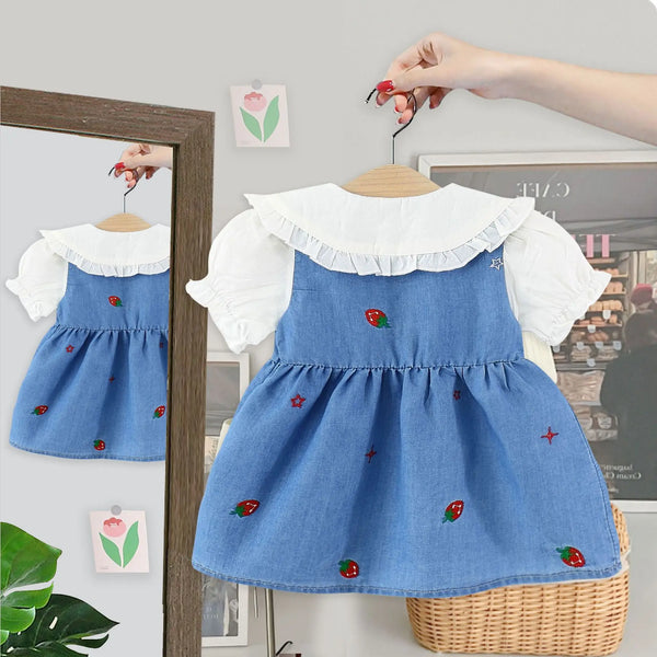 Summer baby clothes for newborn girls baby denim strawberry embroidered dress infant girl cloth 1st birthday party dresses dress