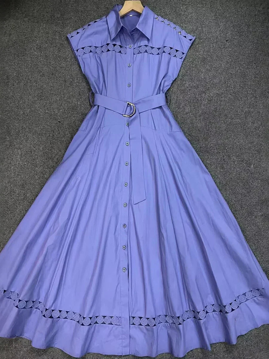VGH Solid Color Patchwork Sashes Women's Party Dresses Lapel Short Sleeve High Waist Spliced Hollow Out Pleated Dress Female New