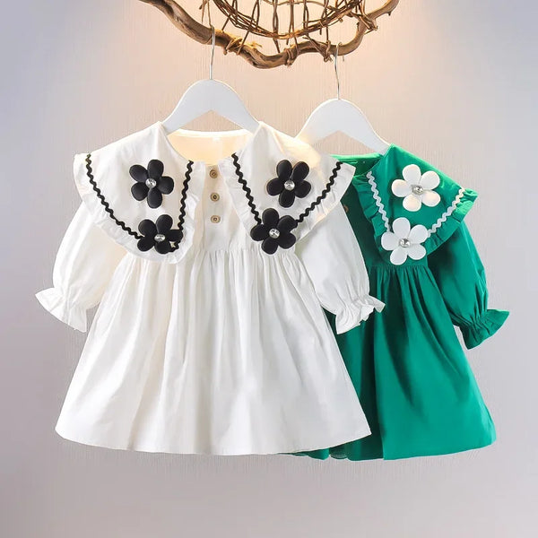 2025 Autumn Spring New Style Newborn Girls Long Sleeve Dress Cute Solid Color Flower Baby Princess Dress Infant Kids Clothing
