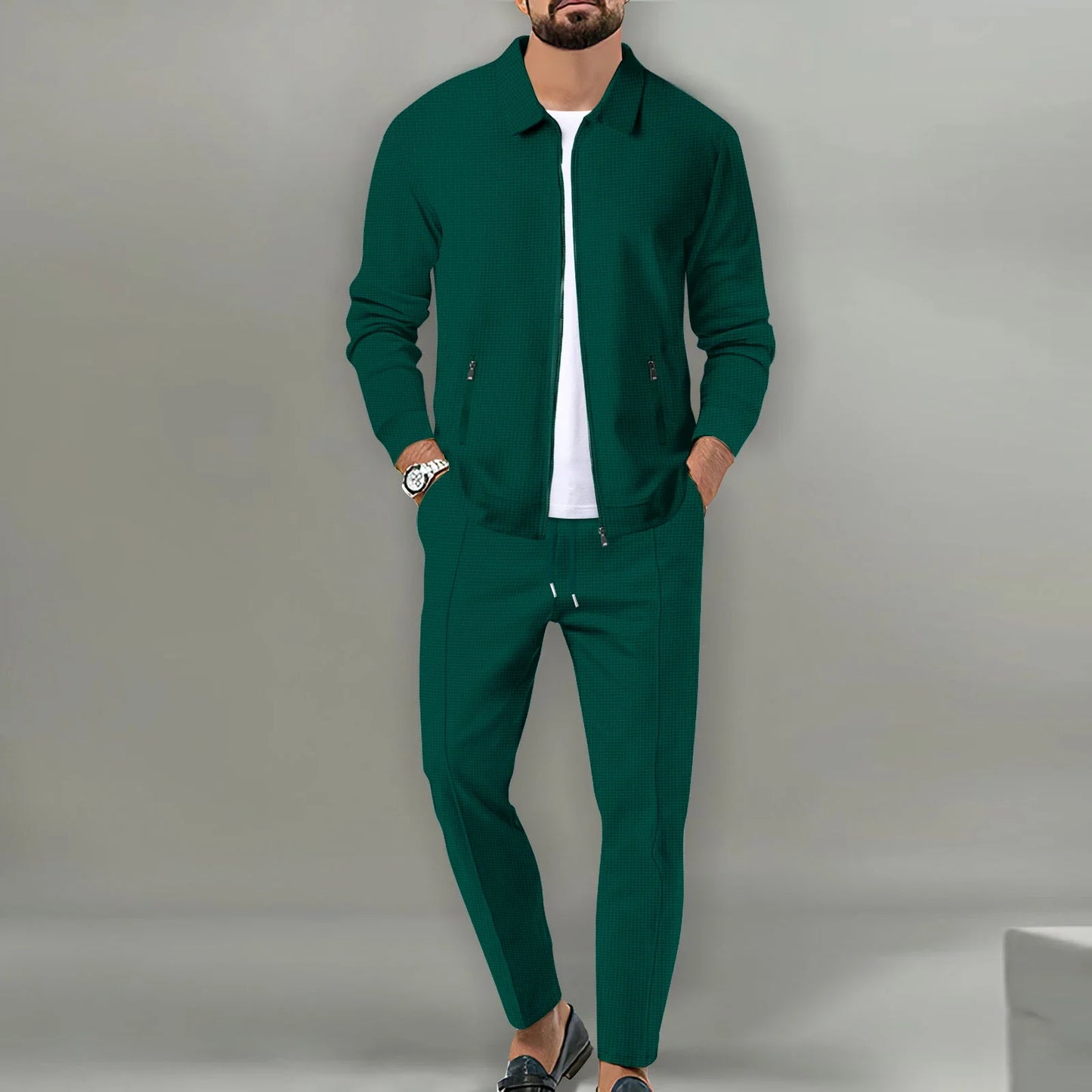 New Men's Jacket POLO Shirt 2 sets Long Sleeve Casual Fashion Commercial Breathable lapel, Pants pull Rope Solid Color Men 2 set