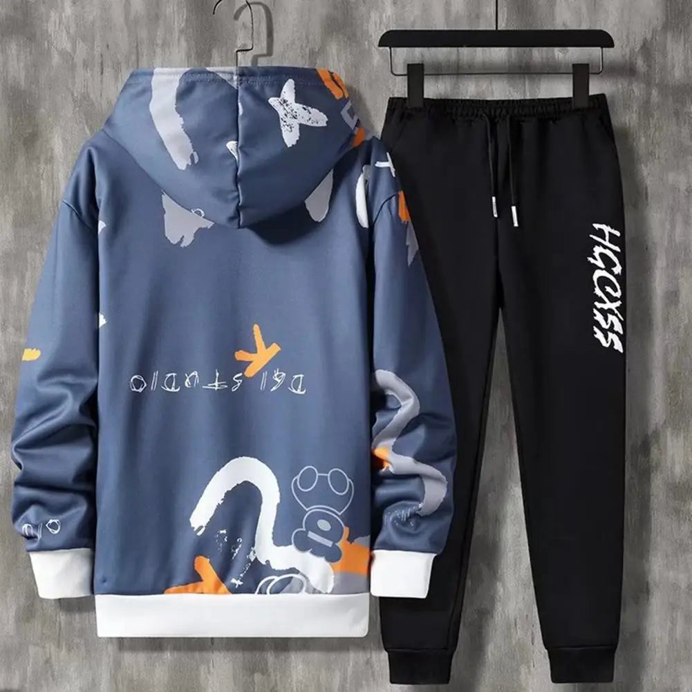 2 Pcs/Set Men Coat Pants Suit Hooded Letter Print Drawstring Loose Jogging Set Hip Hop Ankle-banded Men Sportwear Tracksuit