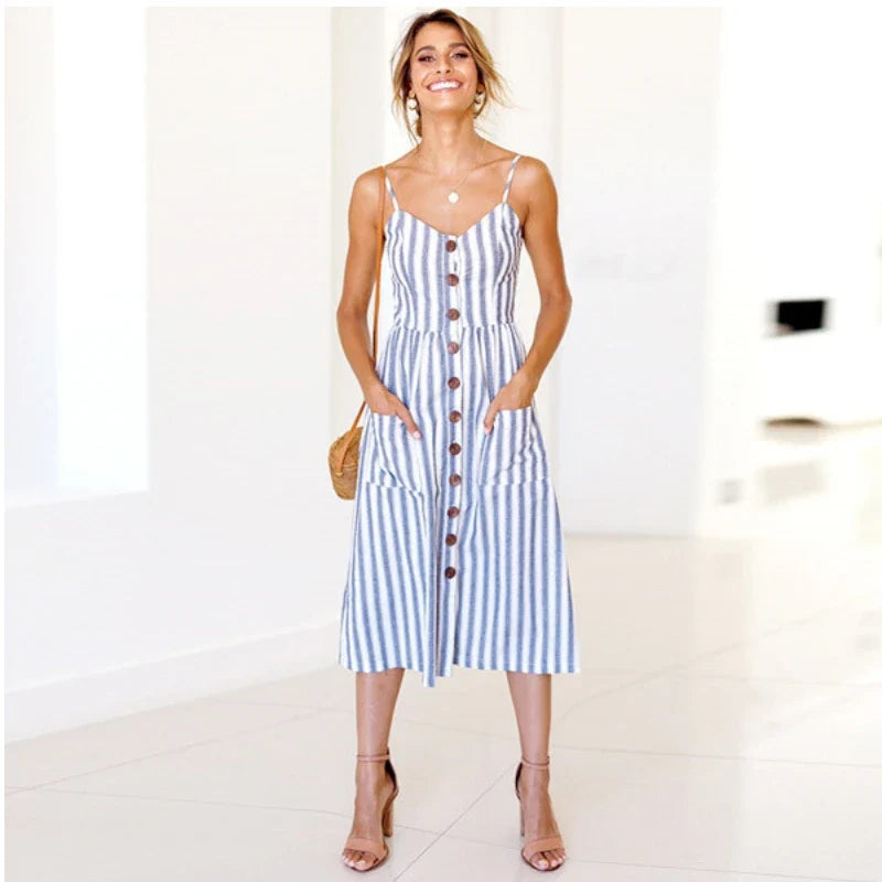 Summer New Women Sexy Sling Pocket Button Dot Beach Dress 2024 Female Bohemia Holiday Retro Fashion Solid Color Women's Clothing