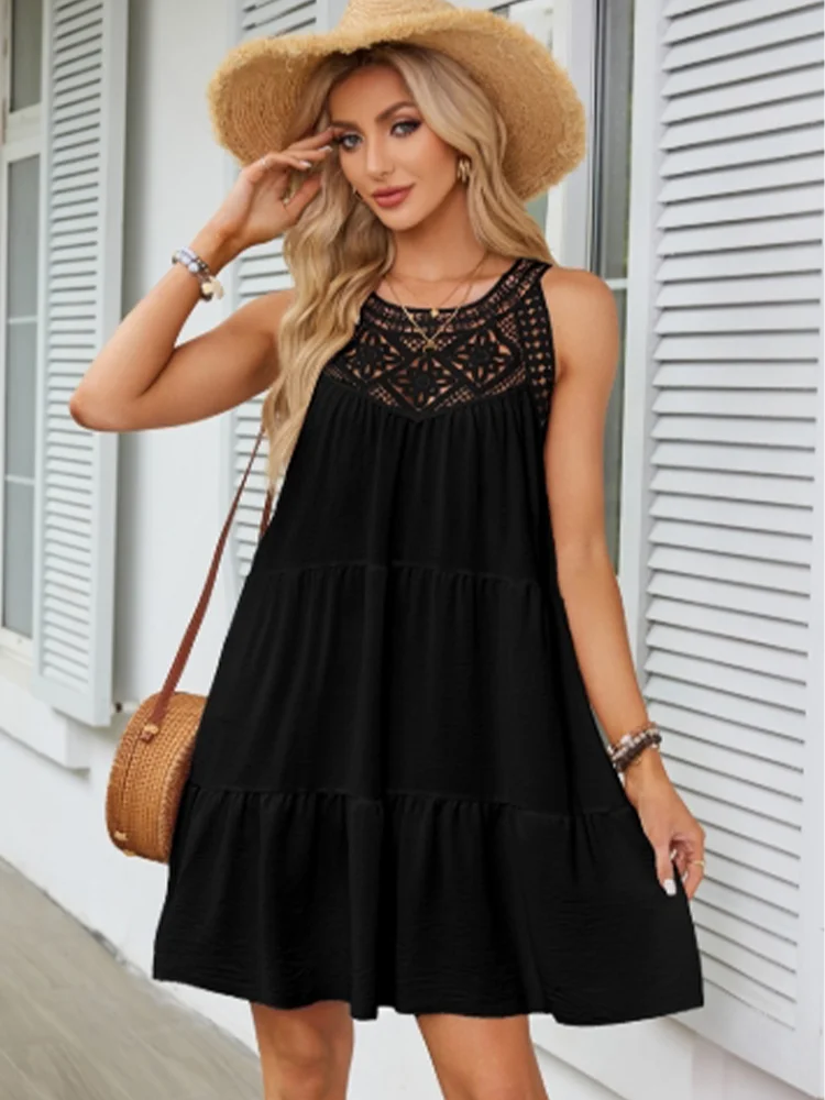 Round Neck Casual Short Sleeved Solid Color Lace Hollow Out Women's Dress Fashionable Street Fresh Sweet Style Summer Dress
