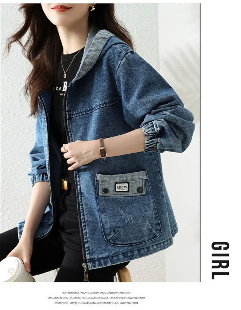 Women Denim Jacket New Spring Autumn Long Sleeve Tops Female Casual Hooded Jeans Jackets Women Big pocket Cowgirl Outerwear
