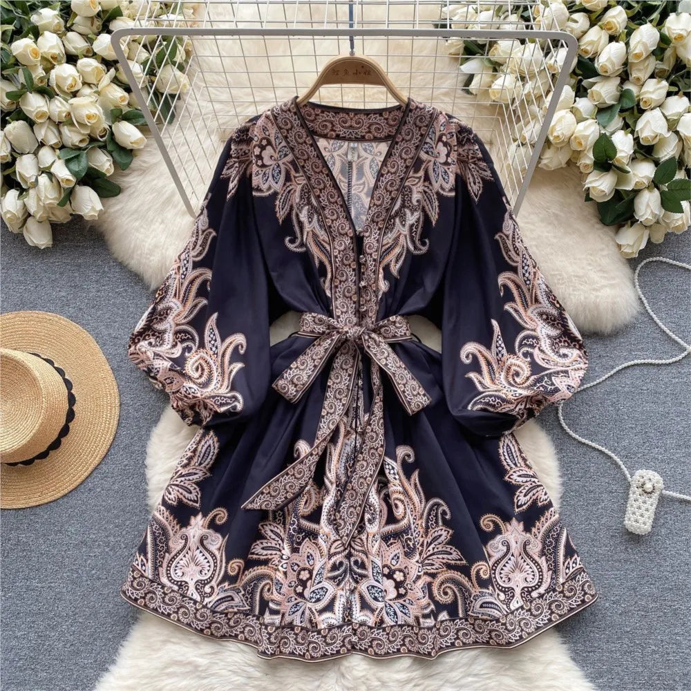 Vintage Print Elegant Puff Sleeve A-line Vneck Mini Dress Casual Women Fashion Autumn Spring Lace-Up Dress Vestidos De Mujer