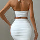 Women White Sexy Halter Neck Sleeveless Backless Two Piece Set Strapless Pleated Slim Bodycon Evening Dresses