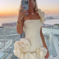 Laxsesu Elegant White Mini Dresses 3D Flower Luxury One Shoulder Sleeveless Pleated Cocktail Party Evening Bodycon Dress Female