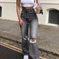 High-waisted Retro Stretch Women Pants Winter Edition New Style Ripped Bell Bottoms High Waist Straight Cylinder Wide Leg Jeans