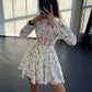 Flower Print Tunic Mini Dress Summer Women O Neck Long Sleeve A Line Robe Femme Mesh Patchwork Vestidos Elegant Ladies Dresses