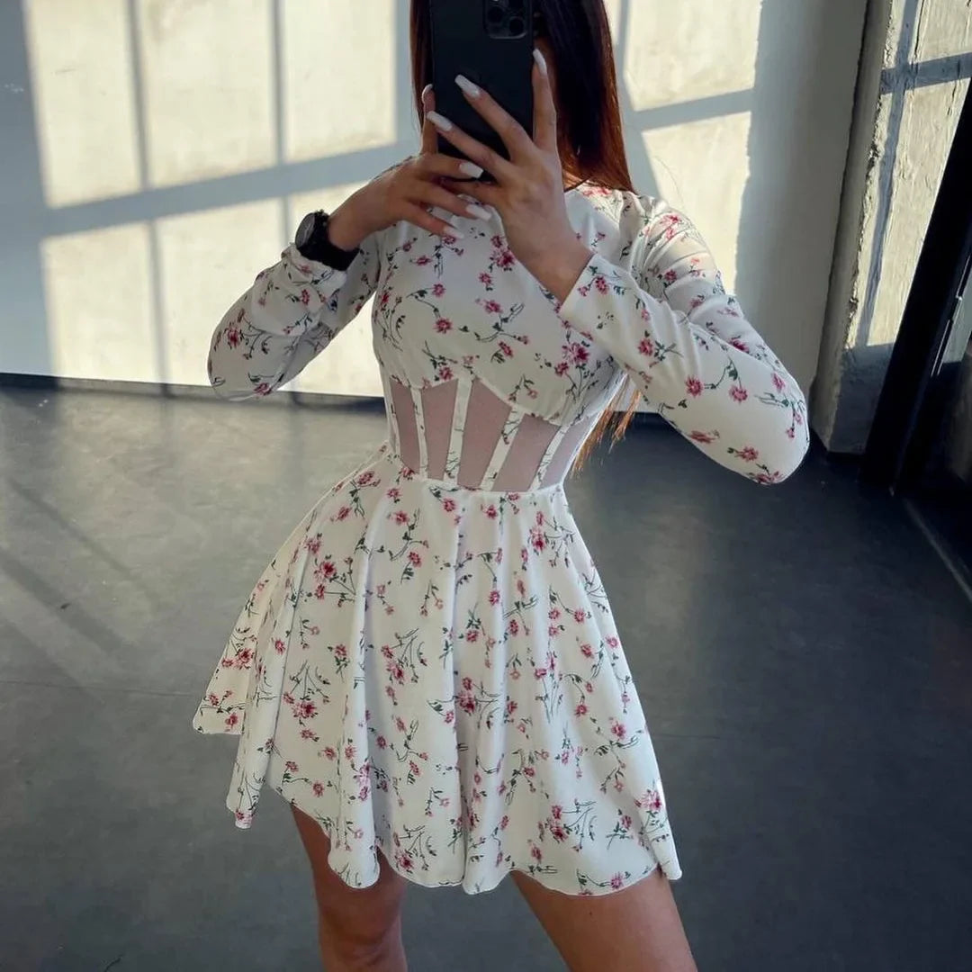 Flower Print Tunic Mini Dress Summer Women O Neck Long Sleeve A Line Robe Femme Mesh Patchwork Vestidos Elegant Ladies Dresses