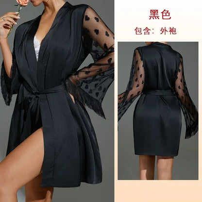 Women Pajamas Robes Sleepwear Nightgowns Knee-length Nightdress Lace Comfortable Casual Pure Color Imitation Ice Silk Nightdress