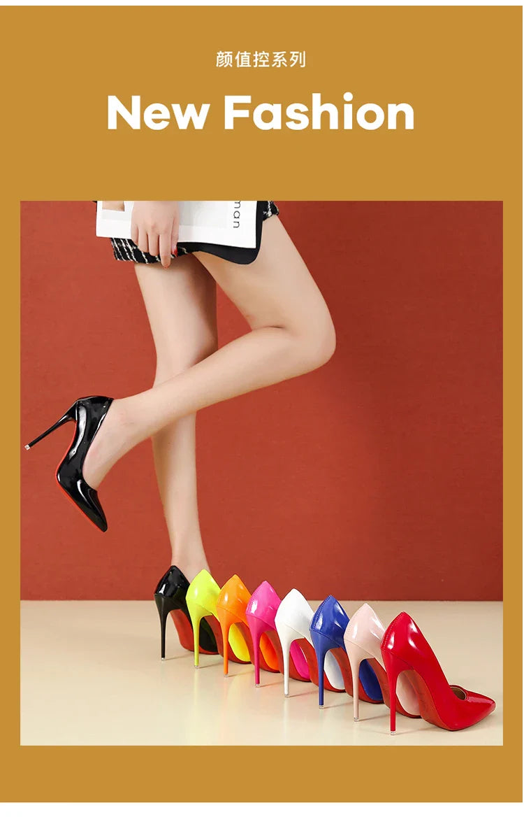 Temperament 12cm Super High Thin Heels Shoes Women Pumps Pointed Toe Colorful Patent Leather Stiletto Wedding Shoe Size 45