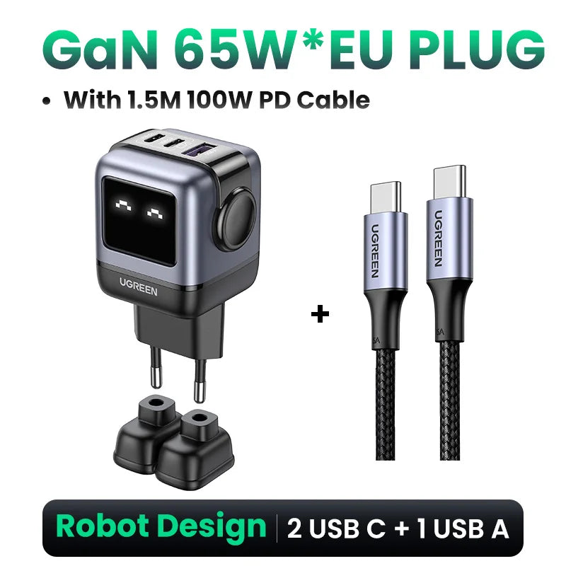 UGREEN 65W GaN зарядний пристрій Uno Robot Design швидка зарядка 4.0 3.0 PPS PD швидкий зарядний пристрій для iPhone 16 15 14 Pro Macbook ноутбук планшет